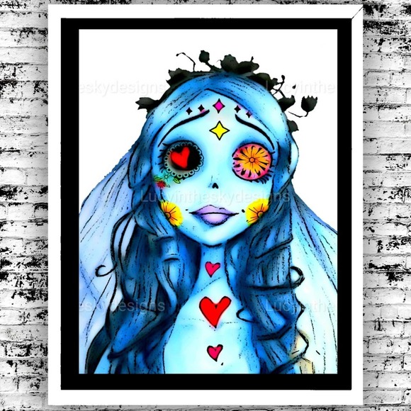 Corpse Bride Bright Blue Sugar Skull Wedding Art Print 8.5x11 Spooky Halloween - Picture 1 of 5